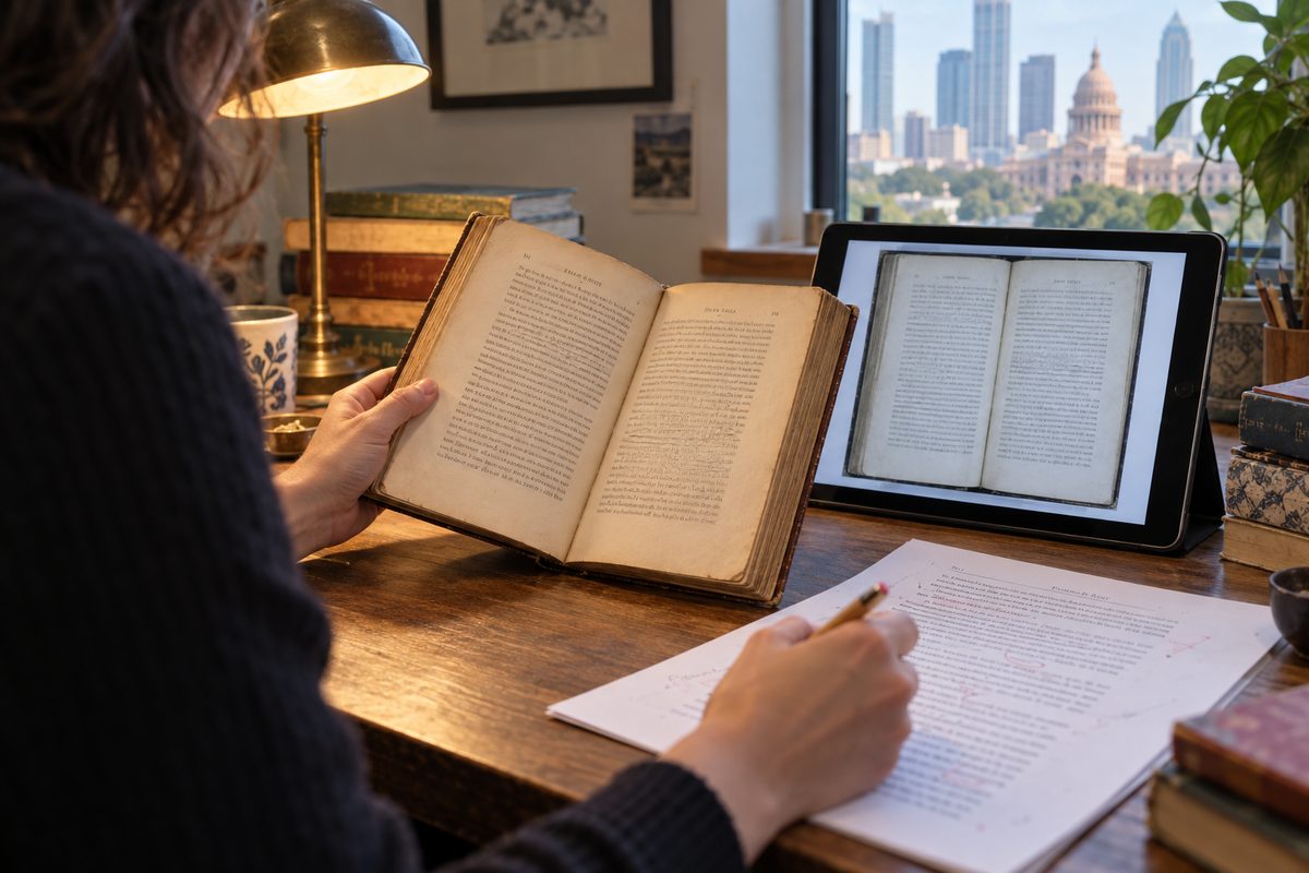 An editor comparing an early edition with a page scan