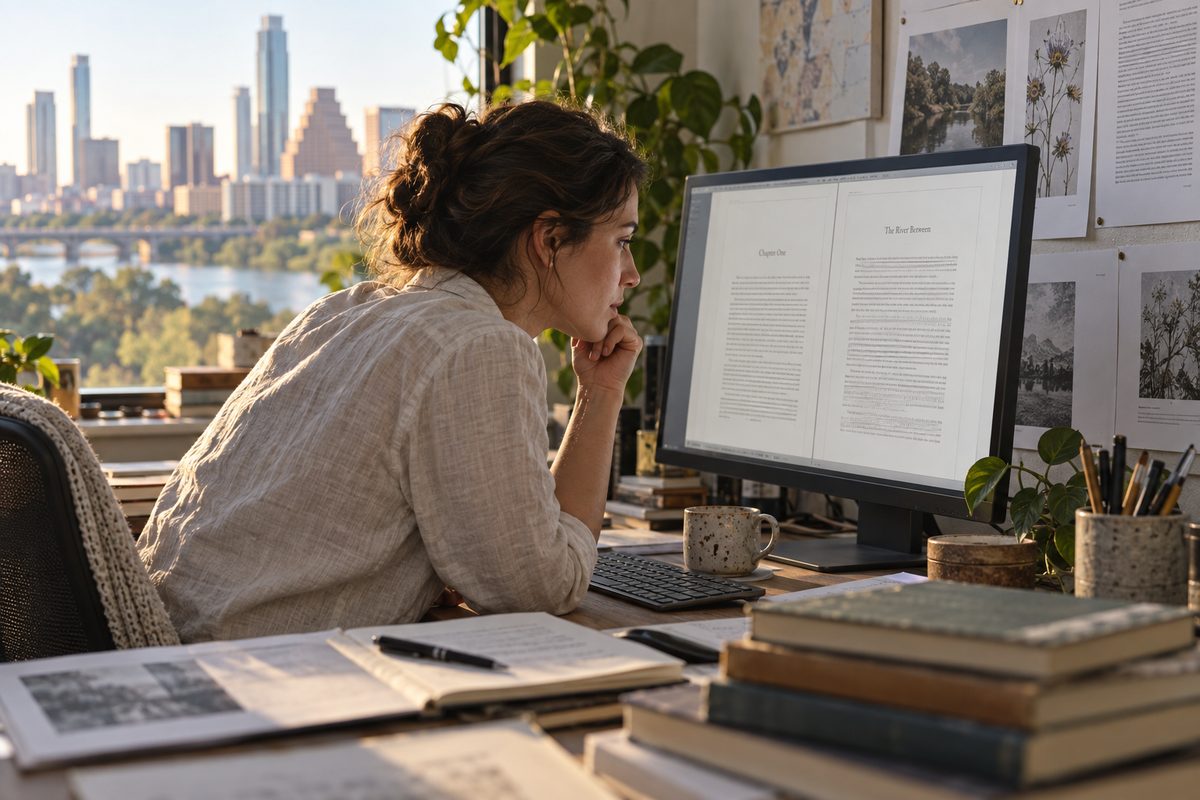 A typesetter reviewing a book page layout on screen