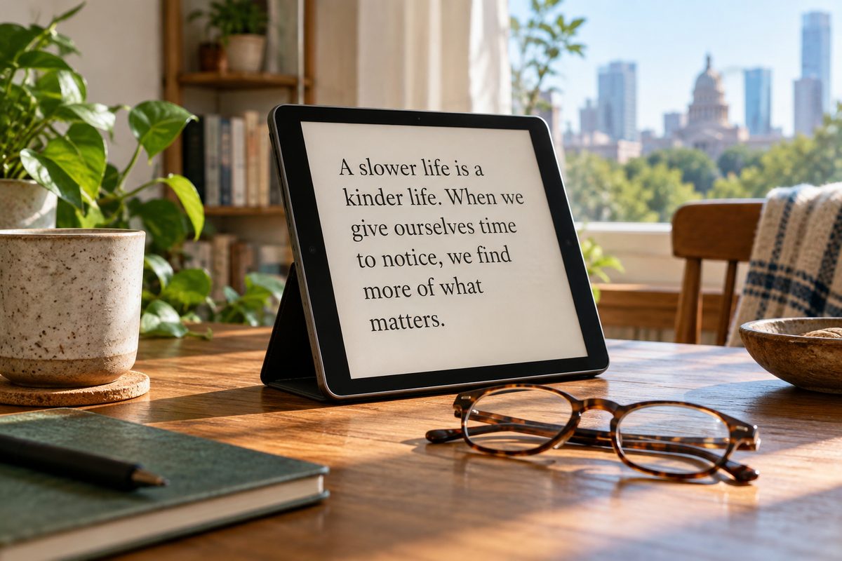 A tablet showing large reading type beside reading glasses