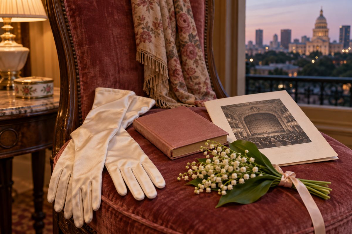 A slim novel beside evening gloves and lilies of the valley