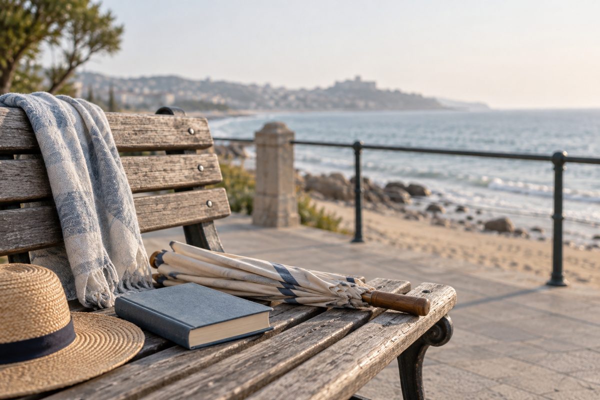 A small book on a seaside promenade bench beside a folded parasol