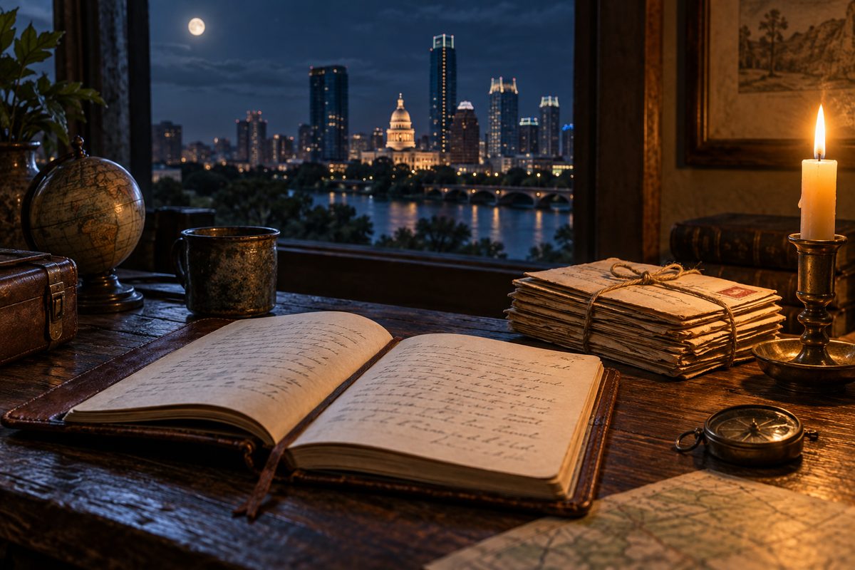 A leather diary and bundled letters by candlelight