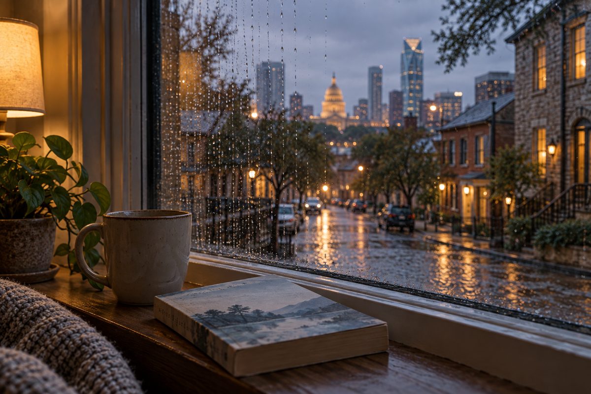 A paperback on a rain-streaked window ledge above wet cobbles