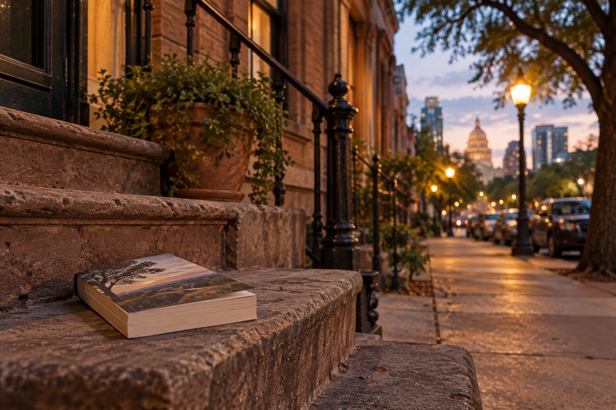 A paperback on a brownstone stoop in early evening light