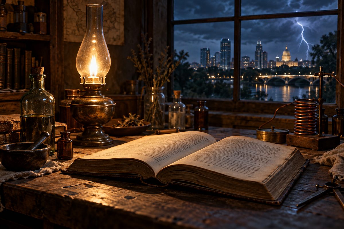 An open book by oil lamp beside glass vials on a dark bench