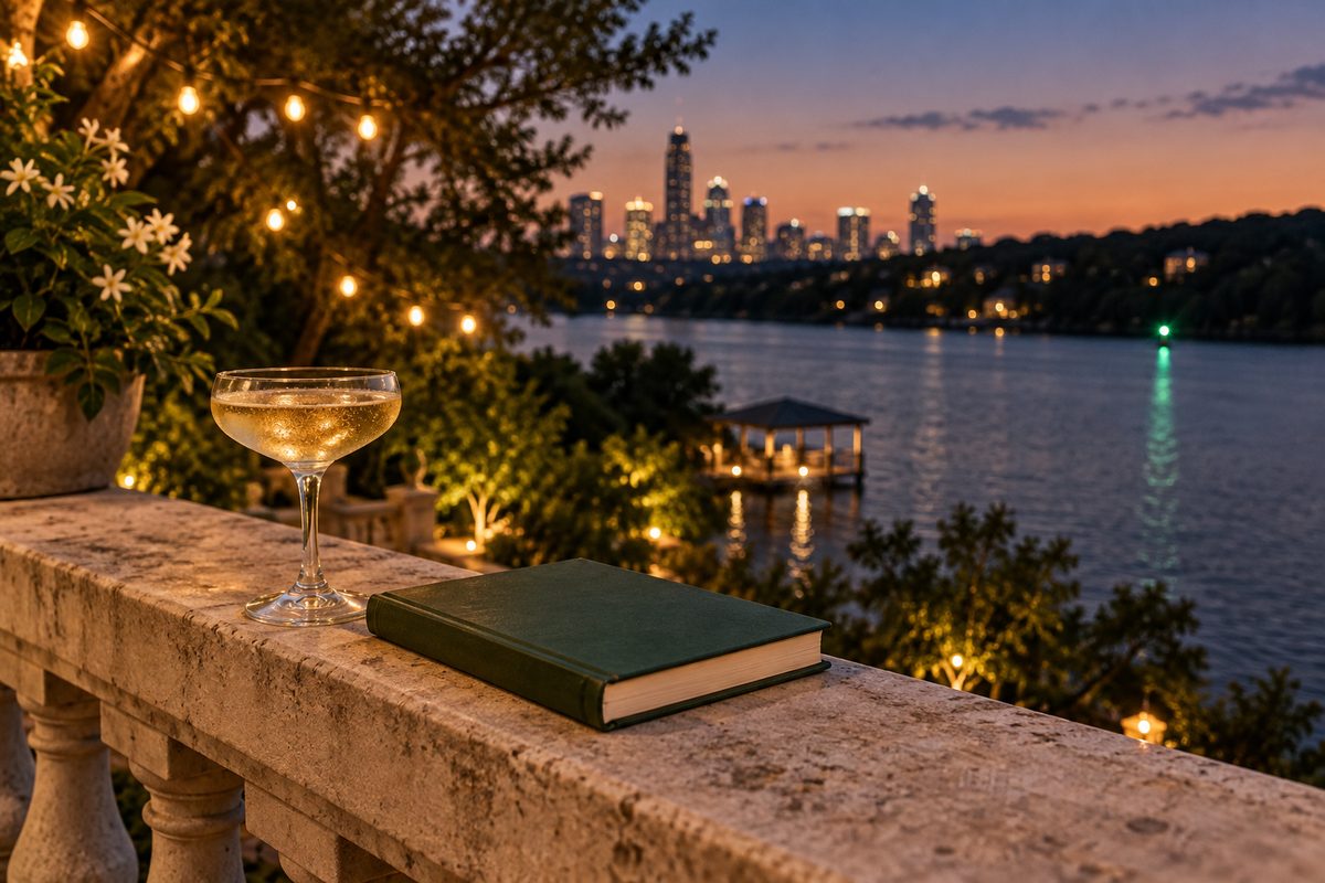 A slim hardback beside a champagne coupe on a terrace at twilight