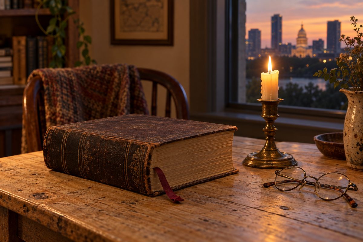 A thick Victorian novel with a ribbon bookmark and reading spectacles