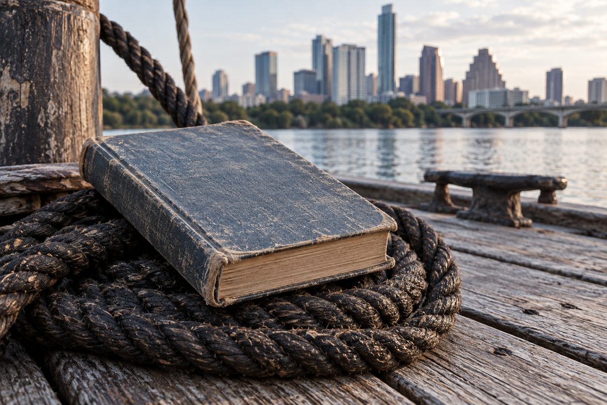 A worn novel resting on a coil of ship rope on deck planks