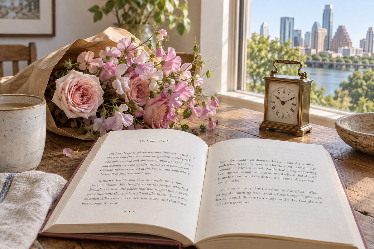 An open novel beside a bunch of flowers and a small clock