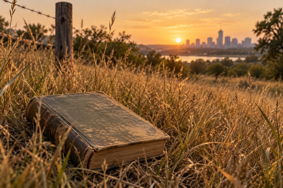 A faded book lying in golden prairie grass at sunset