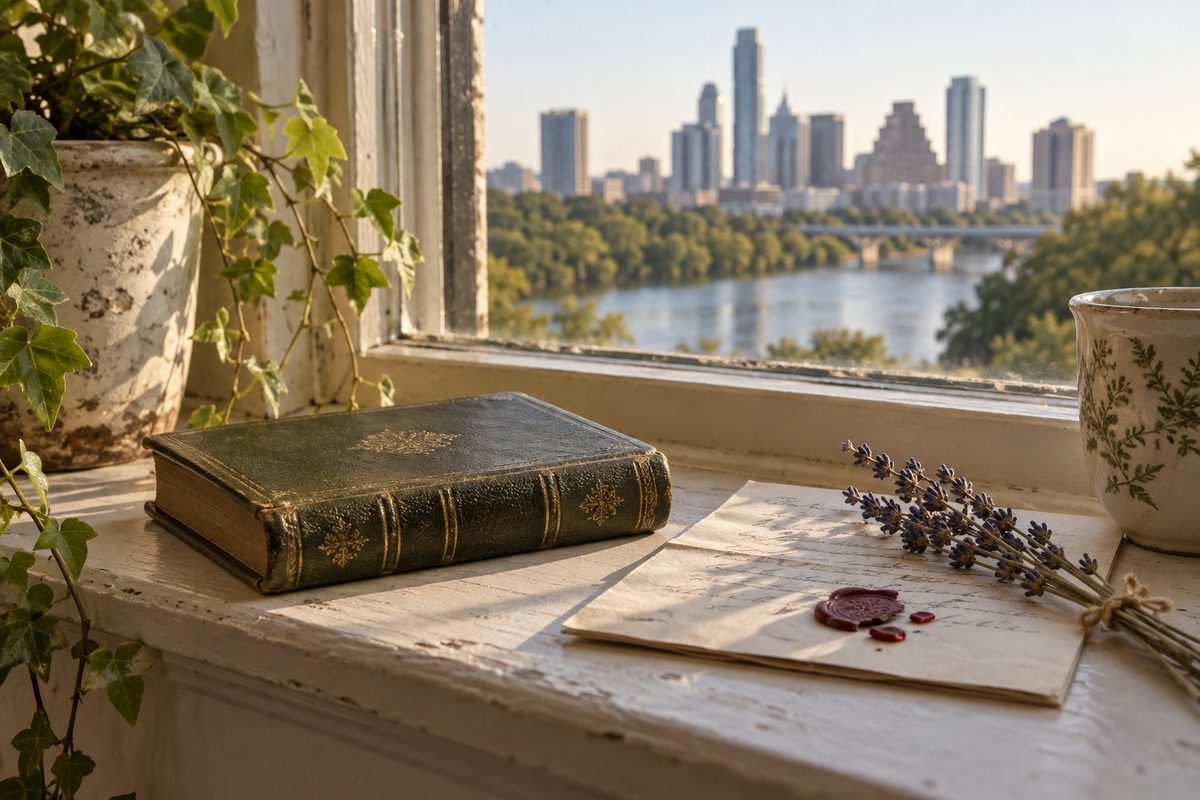 A small bound novel beside a sealed letter and dried lavender