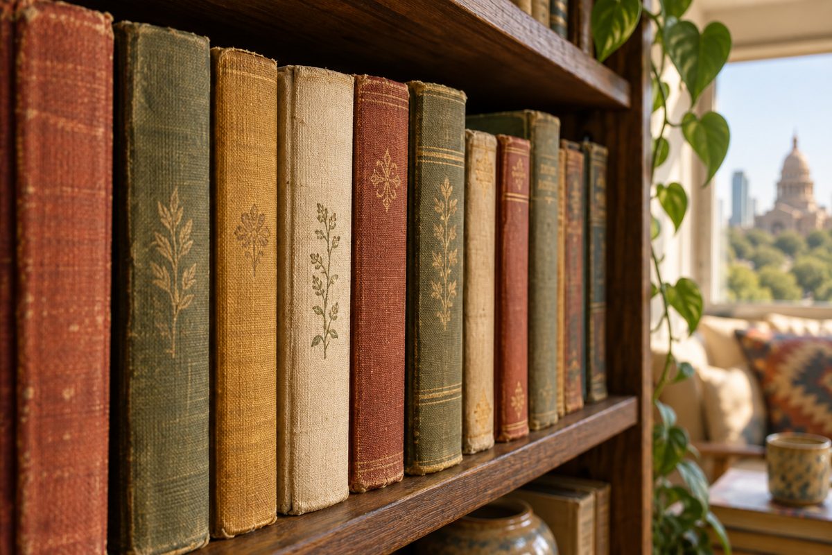 A row of faded cloth book spines on a shelf