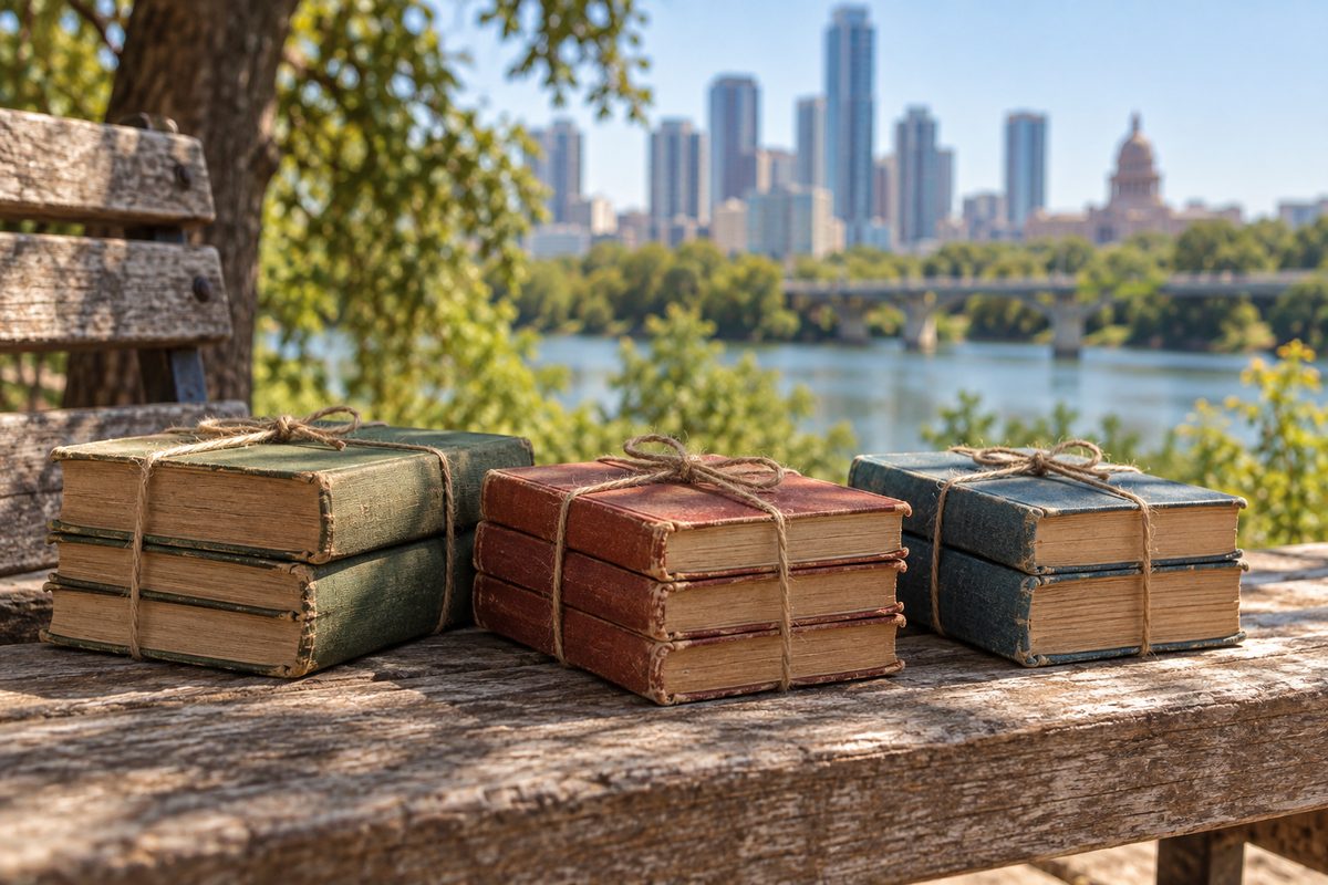Three bundles of old books tied with twine
