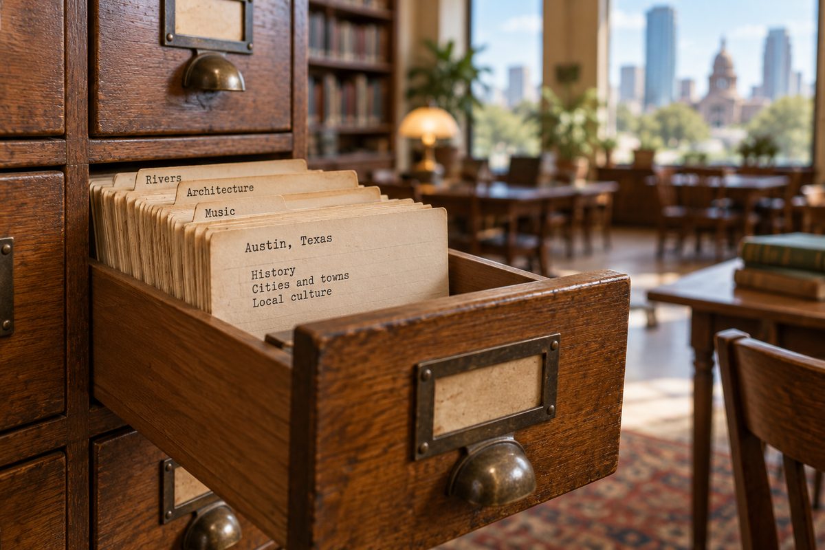 A drawer of old library index cards
