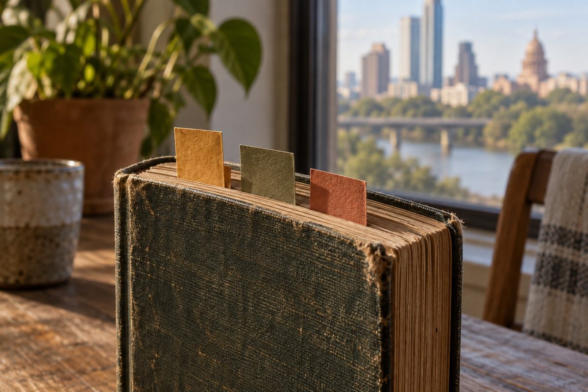 Paper slip bookmarks standing out of an old book