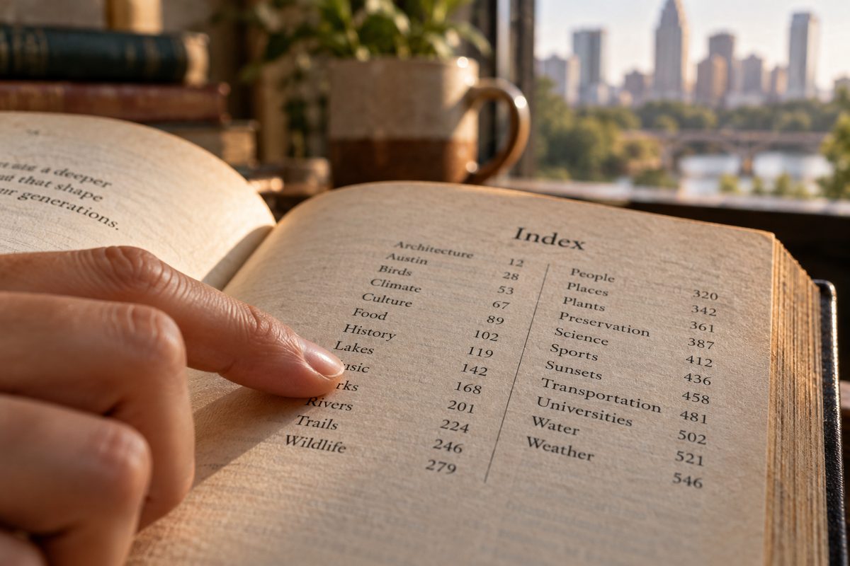 A finger tracing an entry in a book index