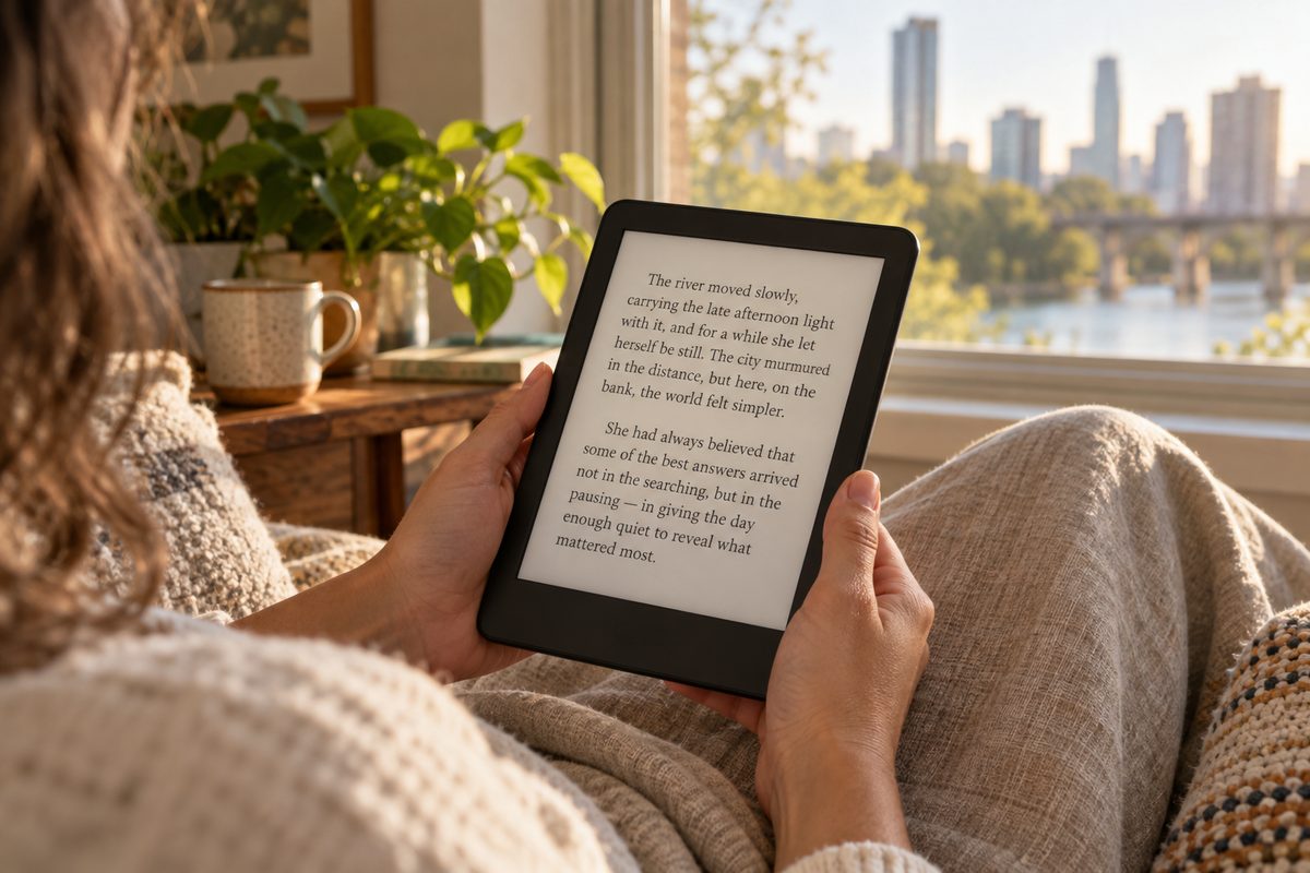 A reader holding an e-reader in afternoon window light