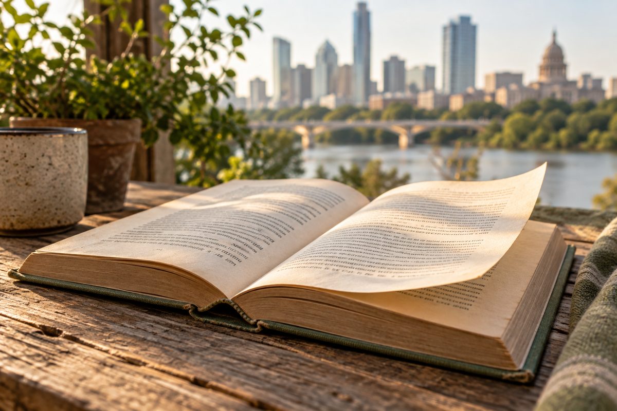An open clothbound book on an oak table in raking sunlight