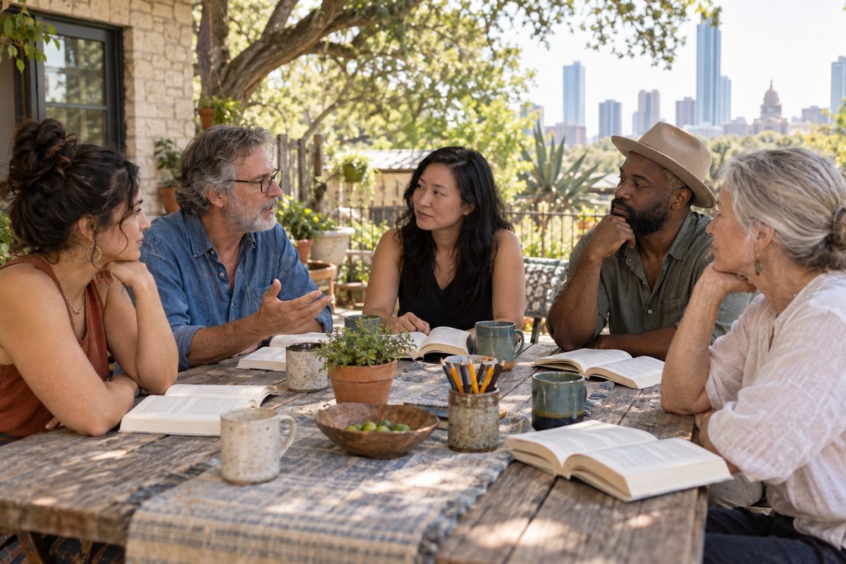 A book club discussing a novel around a patio table