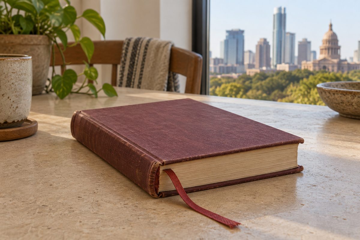 A closed book with a ribbon marker