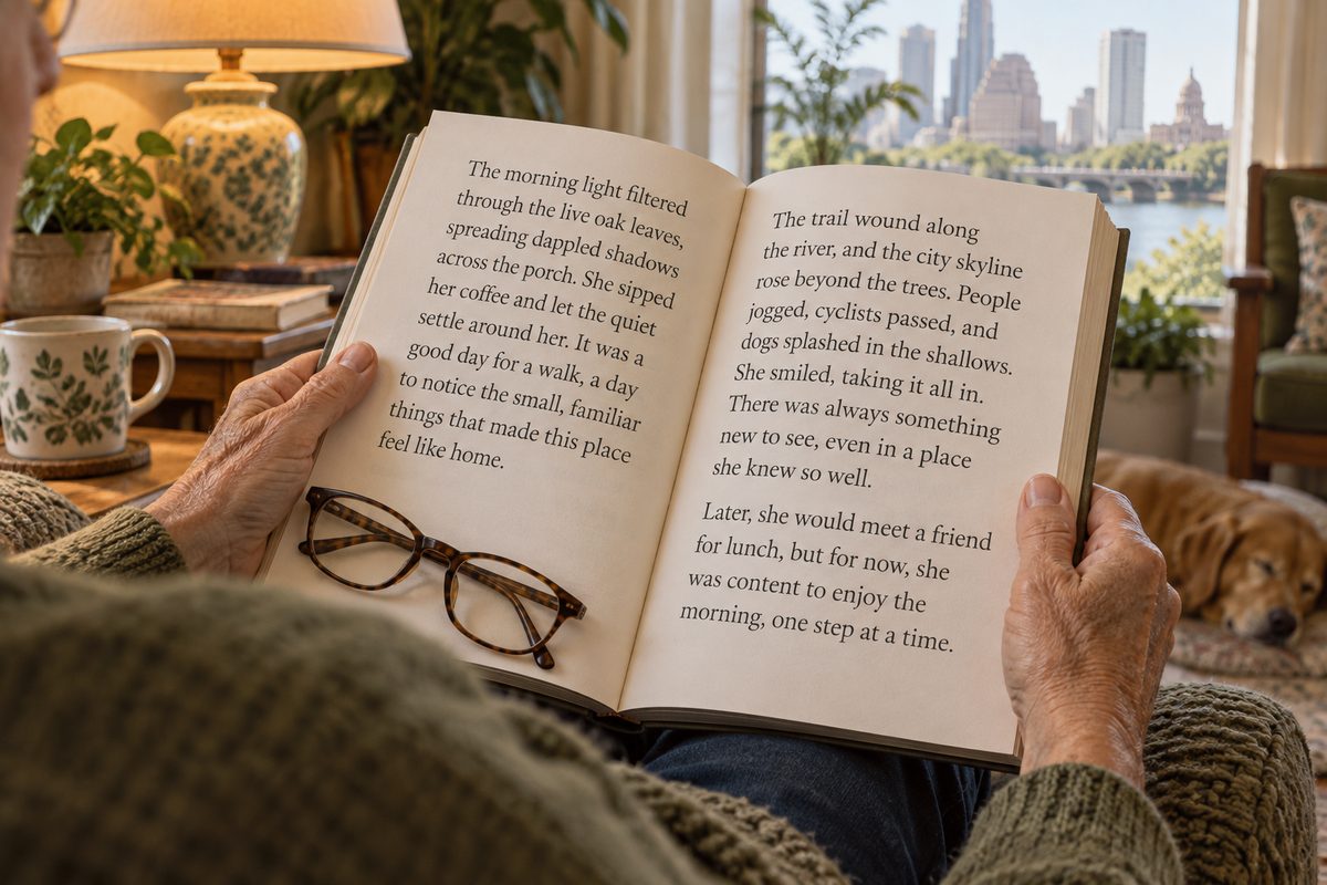 An older reader holding a large-print book with reading glasses