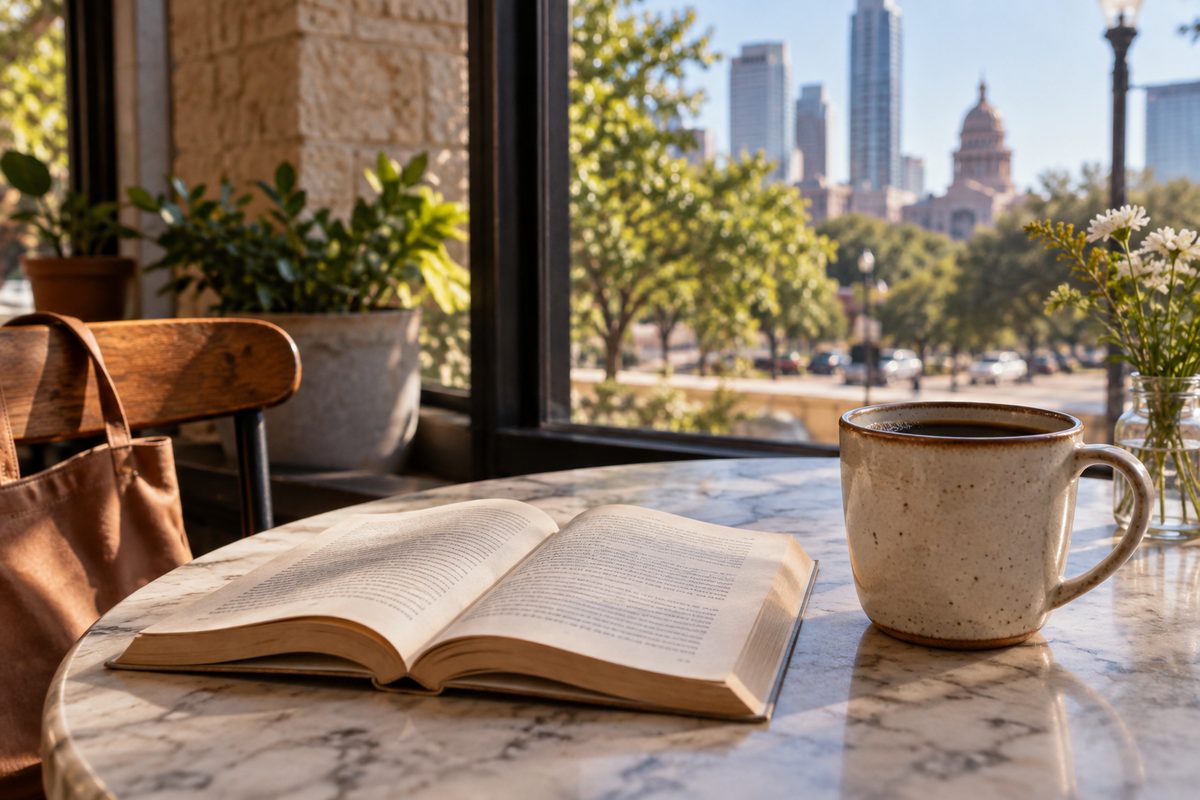 A pocket paperback beside a cup of coffee on a café table